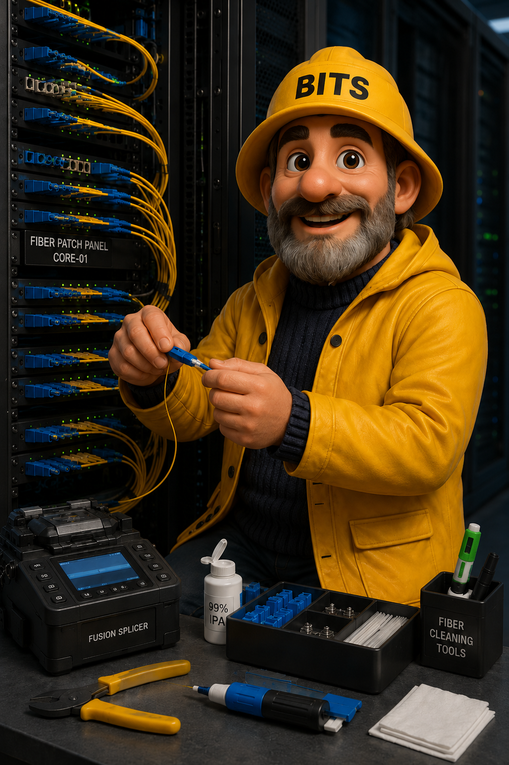The BITS skipper fusion-splicing fiber in a server room