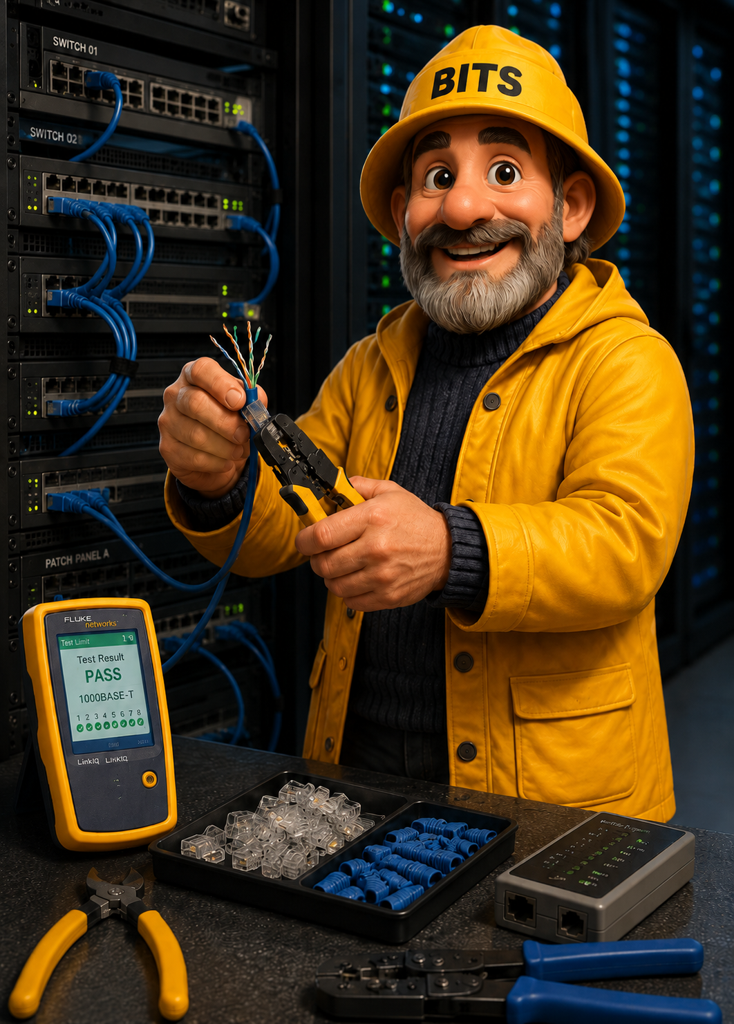 The BITS skipper terminating copper, certified PASS on a Fluke tester
