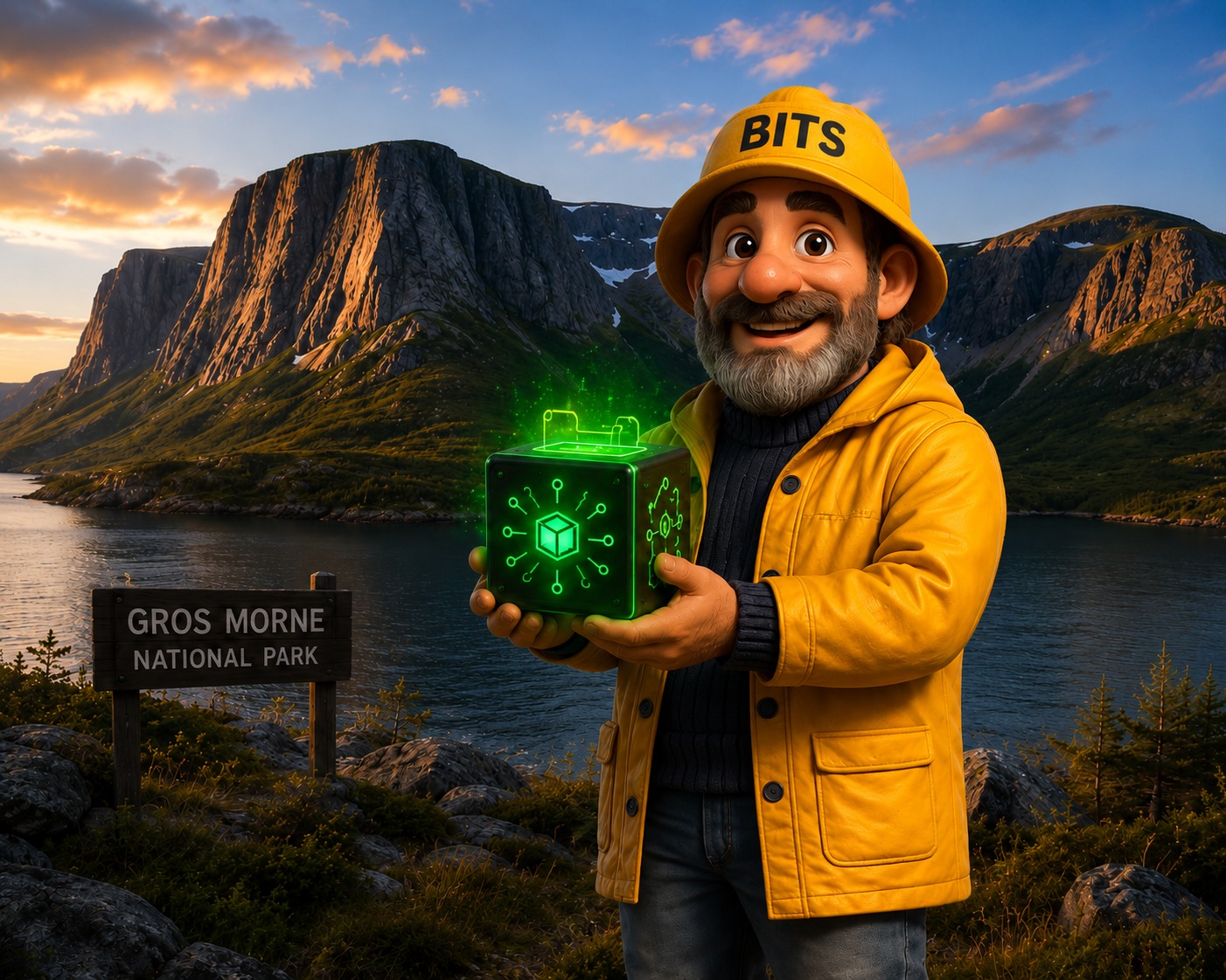 The BITS skipper at Gros Morne holding a blockchain block