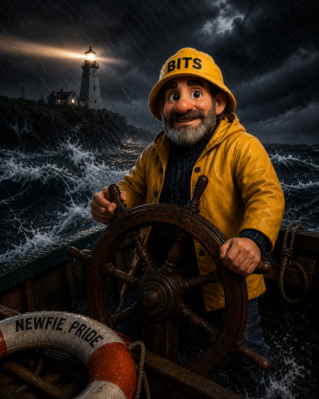 The BITS skipper steady at the wheel in a storm
