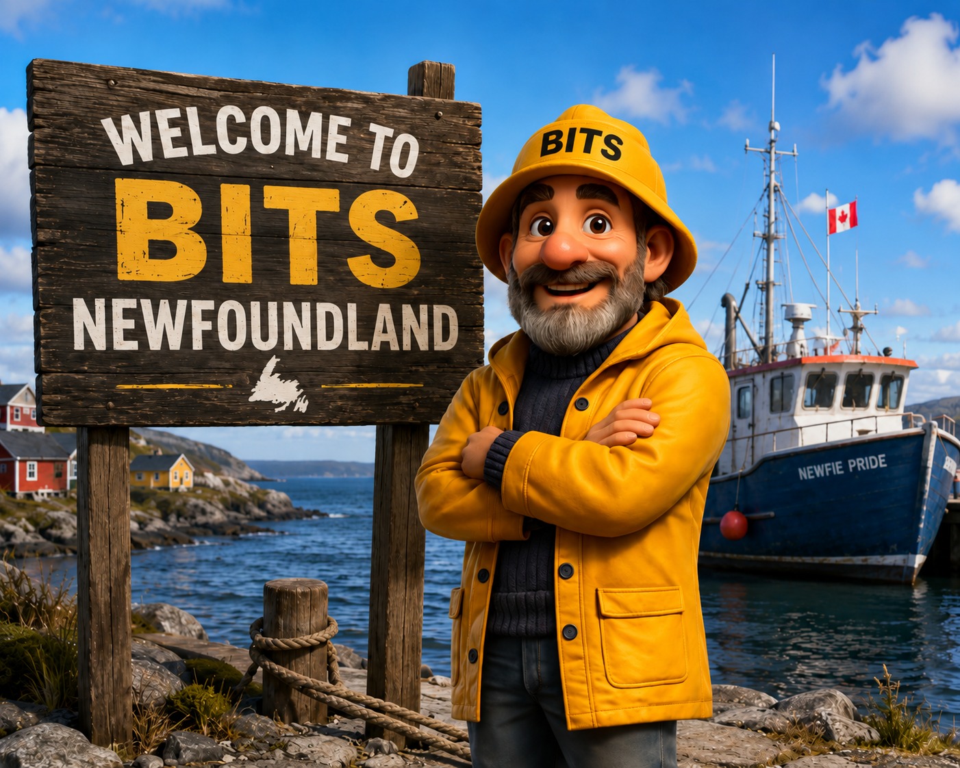 The BITS skipper at the Welcome to BITS Newfoundland sign